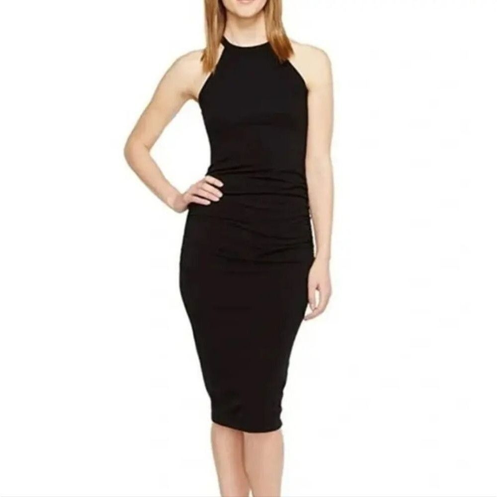 MICHAEL STARS Size Large Black Halterneck Racerback Ruched Midi Dress NWT